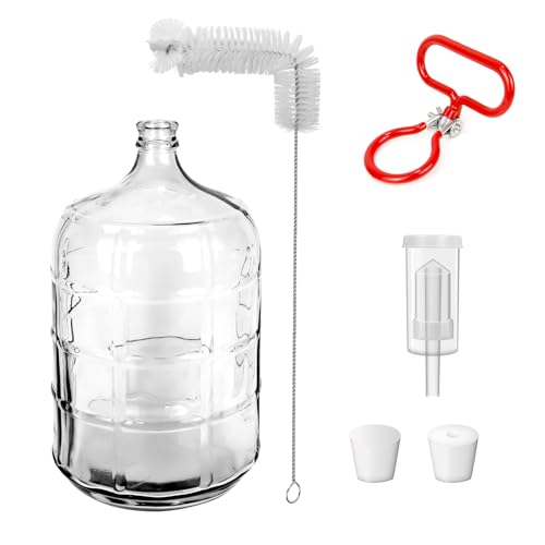 5 Gallon Glass Carboy, 5 Gallon Glass Water Jug Clear Fermenter for Wine Making Equipment & Beer with Drilled, Undrilled Rubber Stoppers, Carboy Handles, Brushes and Airlocks - size: 5 Gallon