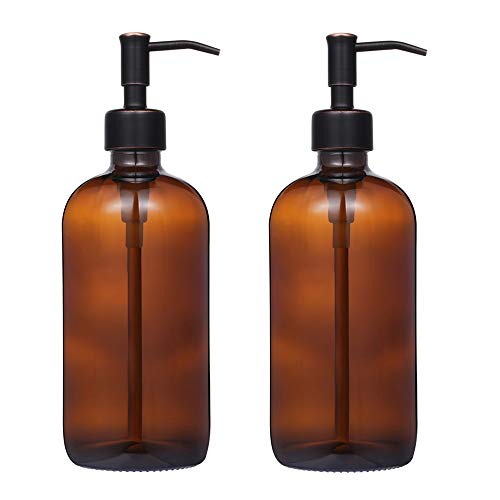 2 Pack Thick Amber Glass Pint Jar Soap Dispenser with Oil Rubbed Bronze Stainless Steel Pump, 16ounce Boston Round Bottles Dispenser with Rustproof Pump for Essential Oil, Lotion Soap | ORB Stainless Steel Pumps - color: Oil Rubbed Bronze Dispenser