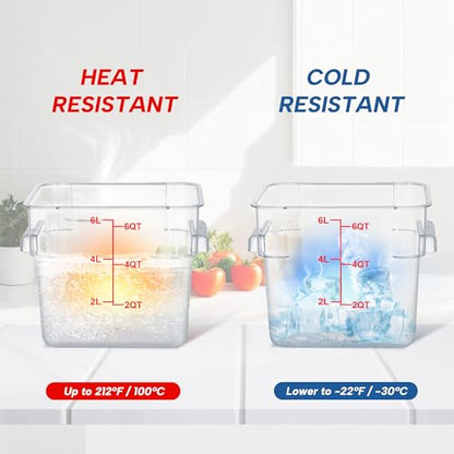 4 Pack 6QT Square Food Storage Containers with Lids | Clear NSF polycarbonate containers with scale, label and measuring cup, stackable for prep, storage, freezer. Dishwasher safe - color: 6Qt