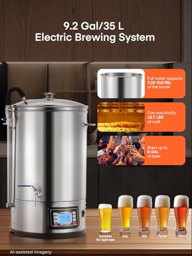 FOHERE All-in-One Electric Brewing System (9.2 Gal/35L), Stainless Steel Home Beer Brewer, Mash & Boil Pot with 7-Step Programmable & 10 Recipe Memory