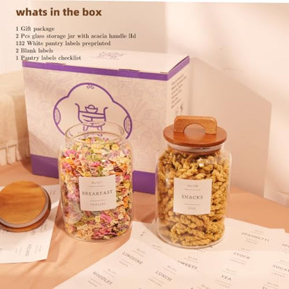 2 Pack Large Glass Flour and Sugar Containers with 132 Pantry Labels - 64 FL OZ Glass Canisters with Bamboo Airtight Lids - Farmhouse Glass Cookie Jars for Rice, Pasta, Cereal, Bath Salt - size: 64OZ- 2 Pack