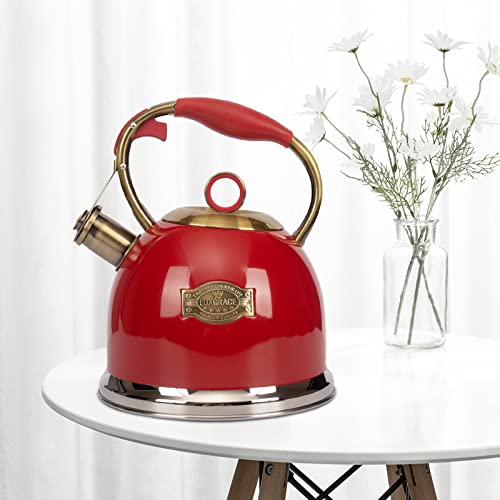 Tea Kettle, Stovetop Whistling Teapot, Stainless Steel, Red, 3.0-Quart - color: Red