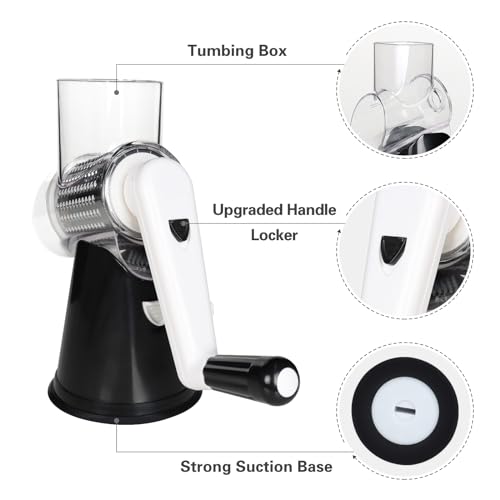 Cambom Rotary Cheese Grater Hand Crank Cheese Shredder for Fresh Cheese, Vegetable, Nuts,Non-slip Suction Base, Three Blades, Black - color: Black, size: 3 BLADES