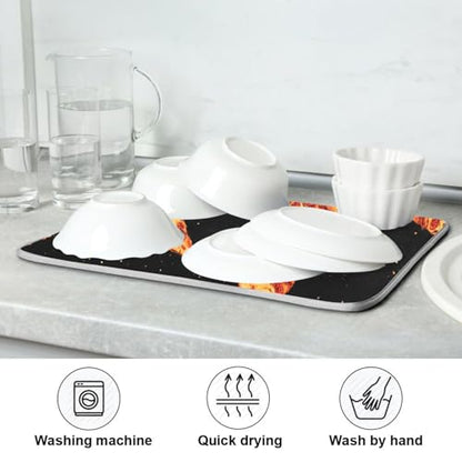Dish Drying Mat for Kitchen Counter Pizza Cheese Black Absorbent Drying Dish Mat 16×18 inch Dish Rack Pad Coffee Mat for Sink Dishes Under Rack - size: 16x18in