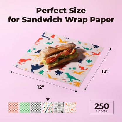 Fit Meal Prep Deli Paper Sheets, Dinosaur Dry Waxed Paper for Kids, Waterproof Sandwich, Grease-Proof Wax Paper for Food Basket, Picnic, Barbecue, Restaurants, Burgers, Fries [250 Sheets] 12x12" - color: Colorful-Dinosaur