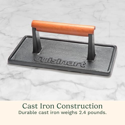Cuisinart Cast Iron Grill Press with Wooden Handle, Heavy Duty Nonstick Rectangle Burger Press with Wood Handle, Perfect Grill Accessory for Steak, Bacon, Paninis and More - size: Weighs 2.1-pounds