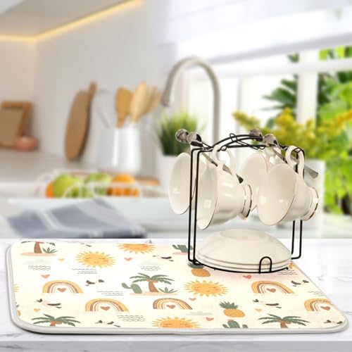 Tropical Sun Palm Tree Dish Drying Mat for Kitchen Counter Super Absorbent Draining Mat with Non-slip Backed Sink Tray Mat for Dish Bottles Cups Bowl Sinks Countertops Draining Racks
