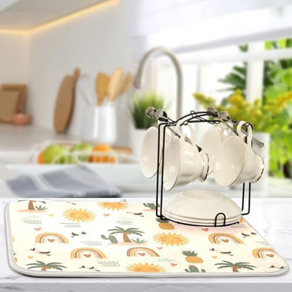 Tropical Sun Palm Tree Dish Drying Mat for Kitchen Counter Super Absorbent Draining Mat with Non-slip Backed Sink Tray Mat for Dish Bottles Cups Bowl Sinks Countertops Draining Racks