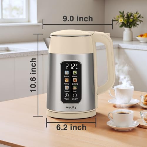 Mecity Electric Kettle 1.7L Touch Screen Temperature Control Water Boiler, No Plastic Contact with Water. 6 Presets For Tea and Coffee, 2 Hours Keep Warm, Auto Shut Off, Cream & Stainless Steel Color - color: Silver & Cream