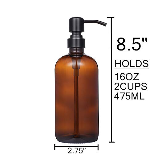 2 Pack Thick Amber Glass Pint Jar Soap Dispenser with Matte Black Stainless Steel Pump, 16ounce Boston Round Bottles Dispenser with Rustproof Pump for Essential Oil, Lotion Soap | Stainless Steel Pumps, Refillable Bottles, For Kitchen & Bathroom - color: