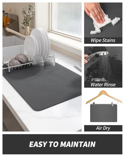 AMOAMI Coffee Mat Dish Drying Mat for Kitchen Counter-Bar Accessories, Hide Stain, Rubber Backed, Absorbent, Fit Under Coffee Maker, Espresso Machine, Pot, Dish Rack, 12"x19", Dark Grey - size: 12"x19"