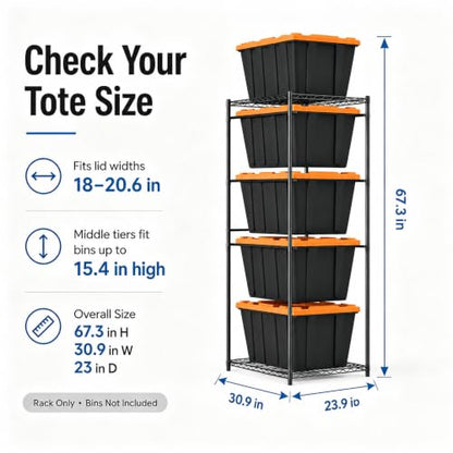5-Tier Tote Storage Rack for 27 Gallon Bins, Metal Storage Bin Rack Organizer System, Wire Storage Shelving Unit for 18-20.6" Lid Width Totes, 250 lb Capacity, Garage Pantry Basement, Rack Only (1)