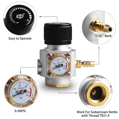 Mini Gas Regulator Soda Keg Regulator Tr21.4 Soda Keg Charger 0-90PSI for Soda Maker Sparkling Water Soda cylinders Soda Canister by PERA