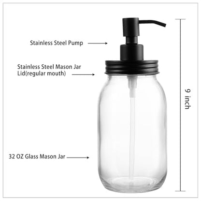 Amolliar Quart Size Mason Jar Liquid Soap Dispenser, 32OZ Glass Pump Bottle Rustproof Stainless Steel Pump Lid Lotion Dispenser, Regular Mouth Dish Soap Dispenser for Kitchen, Hand Soap, Black 1 Pack - color: Black, size: 1 Pack