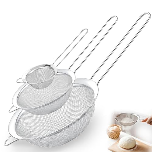 Fine Mesh Strainer Set of 3, Stainless Steel Sieve Sifters with handle, Medium Small Mini Size, Kitchen Strainers Colander Set for Sifting, Straining & Cooking