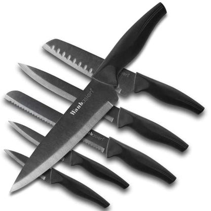Wanbasion Black Professional Kitchen Knife Chef Set, Stainless Steel, Dishwasher Safe with Sheathes - color: Black