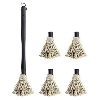 YFWOOD 18 Inch Grill Basting Brush BBQ Mop Sauce Brush Wooden Long Handle | Sauce Mop with 4 Extra Replacement Heads for Grilling Smoking Barbecue Steak (Black) - color: Black Color Handle