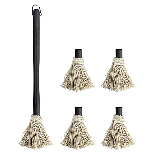 YFWOOD 18 Inch Grill Basting Brush BBQ Mop Sauce Brush Wooden Long Handle | Sauce Mop with 4 Extra Replacement Heads for Grilling Smoking Barbecue Steak (Black) - color: Black Color Handle