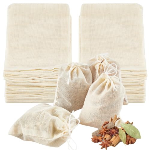 TUZAZO 50 Pcs Muslin Bags with Drawstring 4 x 6 inch, Reusable Tea Bags for Loose Leaf Tea, Natural Cotton Unbleached Cheesecloth Small Spice Bag for Cooking Soup Herb Sachet Bag Empty - size: 4x6 inch, 50 pcs
