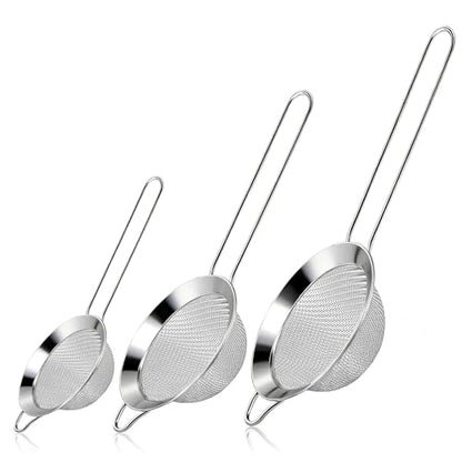 3 Pcs Fine Mesh Strainers with Handle, Stainless Steel Sifter Metal Strainer Set, Small Mini Sieve for Kitchen, Tea, Cocktail, Juice Coffee