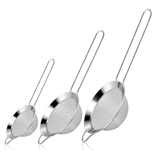 3 Pcs Fine Mesh Strainers with Handle, Stainless Steel Sifter Metal Strainer Set, Small Mini Sieve for Kitchen, Tea, Cocktail, Juice Coffee