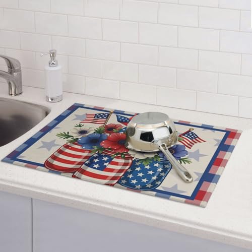 Patriotic Flowers In Mason Jars With American Flags And Pinwheel Microfiber Dish Drying Mat 18x24 Inch - Absorbent Non-Slip & Quick Dry Kitchen Counter Dish Drainer Pad, Rustic Farmhouse Style - color: Patriotic Flowers In Mason Jars With American Flags A