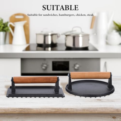 HOMSFOU 2pcs Cast Iron Grill Press with Wooden Handle for Steaks and Sandwiches, Heavy-Duty Meat Press with Grooved Bottom and Nonstick Surface, Safe for Stoves, Ovens, Grills,