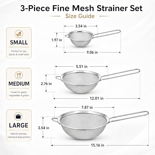 HiramWare Fine Mesh Strainer Set of 3, Premium Stainless Steel Colander with Handle, Large, Medium, Small Sieve for Tea, Pasta, Rice, Fruits, Berries, Flour, Veggies, Metal Sifter for Kitchen - size: Large + Medium + Small