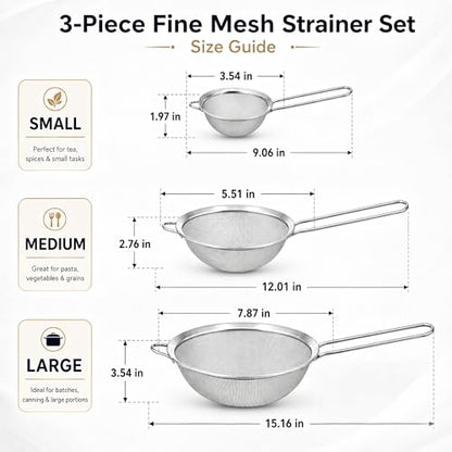 HiramWare Fine Mesh Strainer Set of 3, Premium Stainless Steel Colander with Handle, Large, Medium, Small Sieve for Tea, Pasta, Rice, Fruits, Berries, Flour, Veggies, Metal Sifter for Kitchen - size: Large + Medium + Small