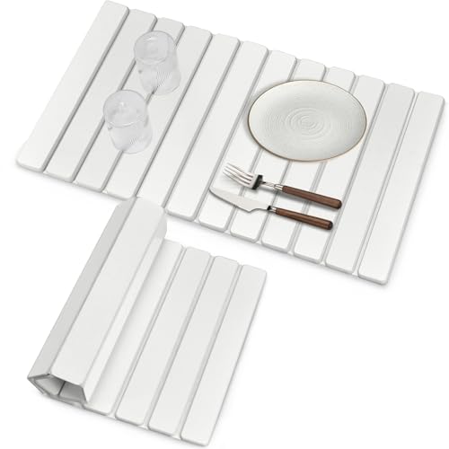 Extra Large Stone Dish Drying Mats for Kitchen Counter, 28"×16" Quick Drying Collapsible Dish Drying Mat, Absorbent Eco-Friendly Diatomaceous Earth Mats for Dishes Bottles, Match Any Countertop【White】