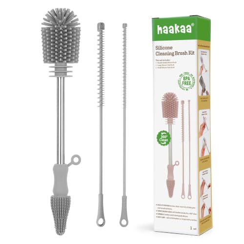 haakaa Silicone Cleaning Brush Kit - SUVA Grey - Bottle Brush for Breast Pumps, Breast Milk Collector, Baby Bottles, Nipples, Breastmilk Storage Bags - color: Suva Grey, size: 3 Piece Set