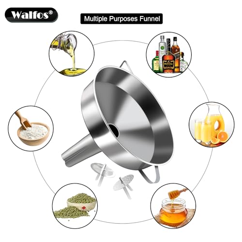Walfos Extra Large Stainless Steel Funnel with Venting Slot, Kitchen Funnel with 2 Removable Strainer ＆ 1Pc Cleaning Brush, Perfect for Transferring Liquid, Oils, Jam, Dry Ingredients (Jumbo, 7.9") - color: 7.9in Jumbo Funnel