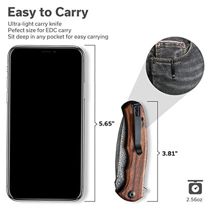 CIVIVI Folding Pocket Knife for EDC, Small Mini Praxis Knife for Men Women, 2.98" Damascus Blade Guibourtia Wood Handle, Sharp Camping Hiking Knives C18026C-DS1 - color: Brown
