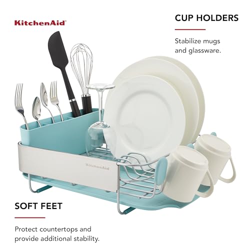 KitchenAid Compact Space Saving Rust Resistant Dish Rack with Removable Flatware Caddy and Angled Self Draining Drainboard, 12.63 x 15.87 x 5.54 Inch, Mineral Water - color: Mineral Water, size: Compact