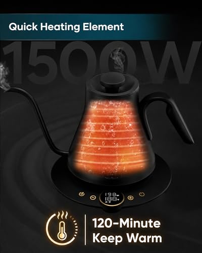 INTASTING Gooseneck Electric Kettle with ±1℉ Temperature Control for Pour Over Coffee & Tea, Quick Heating, BPA-Free Stainless Steel, Built-in Brew Timer, 1500W/0.9L (Ebony Black) - color: Ebony Black