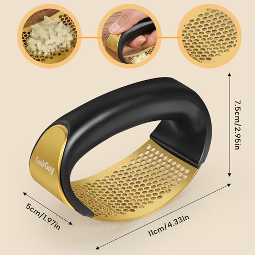 Cook Guy 304 Stainless Steel Garlic Press Rocker Set - Premium Garlic Mincer, Crusher, Peeler, and Scraper Tool for Effortless Mincing - Comfortable Grip Garlic Grinder (Gold) - color: Gold