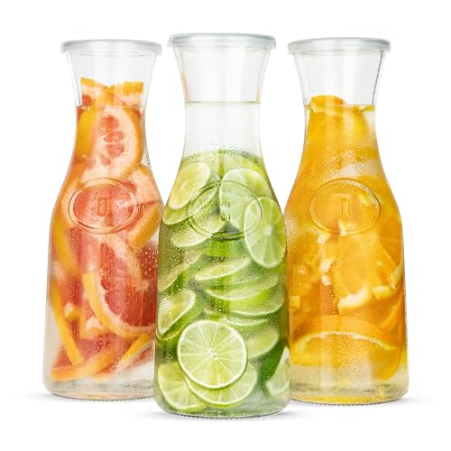 Glass Carafe Pitchers, by Kook, Large Carafe - set of 3, Beverage Dispensers, Clear Jugs For Mimosas, Water, Wine, Milk and Juice, with Plastic Lids, 50 oz Dishwasher Safe - color: Set of 3, 1.5 Liter