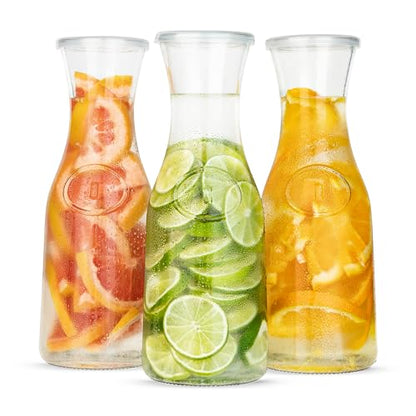 Glass Carafe Pitchers, by Kook, Large Carafe - set of 3, Beverage Dispensers, Clear Jugs For Mimosas, Water, Wine, Milk and Juice, with Plastic Lids, 50 oz Dishwasher Safe - color: Set of 3, 1.5 Liter