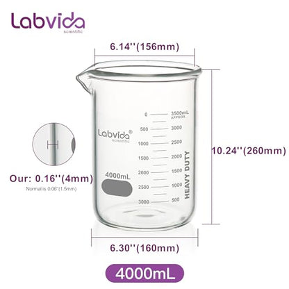 Heavy Duty Glass Beakers Vol.4000ml (135.3oz) thick-walled, 3.3 Boro Griffin Low Form with Double Scale Printed Graduation for Laboratories, Industries, Schools and Home use, LVAC016 - style: Vol.4000ml