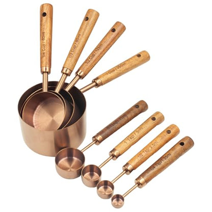 Measuring Cups and Spoons Set of 8, Stainless Steel Measuring Cup with Wooden Handle, Kitchen/Food/Liquid/Baking (Copper) - color: Copper