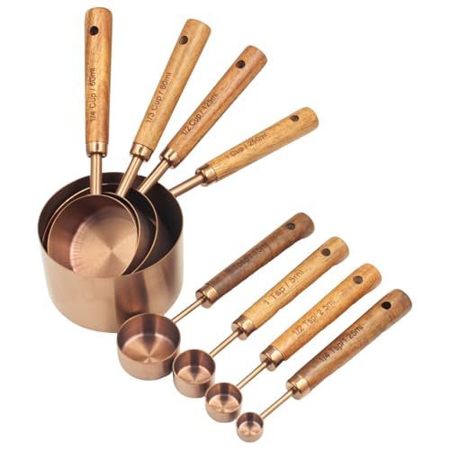 Measuring Cups and Spoons Set of 8, Stainless Steel Measuring Cup with Wooden Handle, Kitchen/Food/Liquid/Baking (Copper) - color: Copper