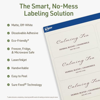 Avery Dissolvable Rectangle Labels, Sure Feed Technology, 2" x 4", Matte White, Laser/Inkjet Printable, 100 Labels Total, Freezer-Safe, Microwave-Safe, Refrigerator-Safe - style: 100 labels