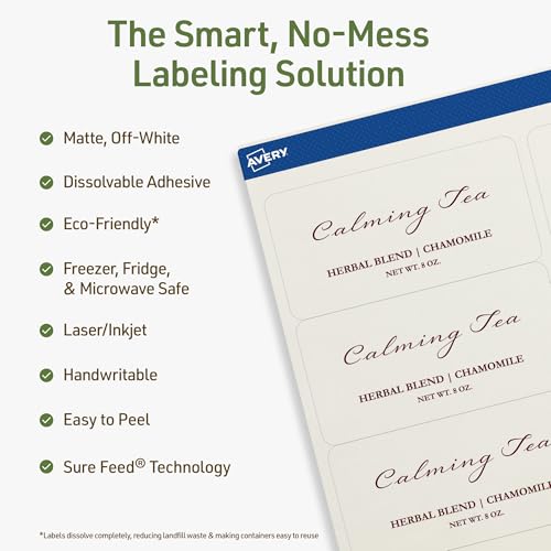 Avery Dissolvable Rectangle Labels, Sure Feed Technology, 2" x 4", Matte White, Laser/Inkjet Printable, 50 Labels Total, Freezer-Safe, Microwave-Safe, Refrigerator-Safe - style: 50 labels