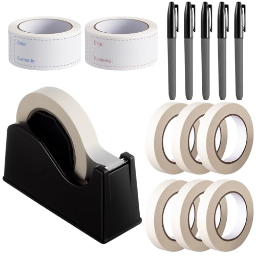 Resurhang 6 Rolls Freezer Tape with Tape Dispenser, 328 Yards Total, 1000 Pcs Freezer Labels, 5 Pcs Black Permanent Markers for Kitchen Refrigerator Food Meat Storage Organization Solution(White) - color: White