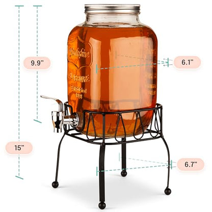 Estilo Gallon Drink Dispenser with Stand - Glass Beverage Dispenser with Stand for Weddings - Sun Tea Jar with Spigot 1 Gallon - Countertop Glass Water Dispenser for Lemonade and Parties - style: Single w/ Stand
