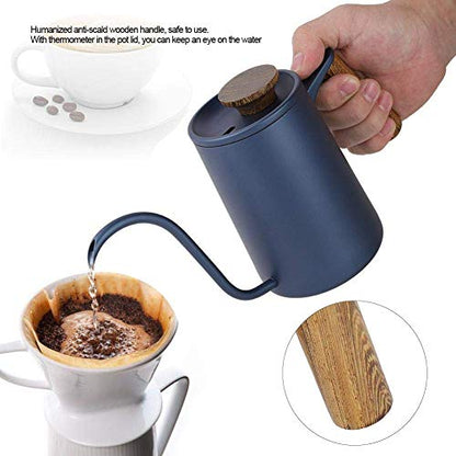 Fdit Gooseneck Coffee Kettle, Precision Pour Stovetop Drip Pot for Pour Over Tea 304 Stainless Steel Blue Wooden Handle Thermometer Lid Vent 600ml 1 Pack