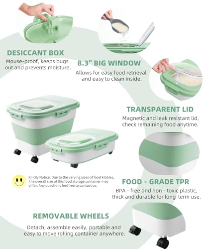 20-23 Lbs Dog Food Storage Container Airtight,Collapsible Pet Food Storage | Dog Food Container with Double Airtight Seal & Magnetic Lid,Cat Food Container with Wheels for Easy Moving,Small Jar,Scoop - color: Green&White