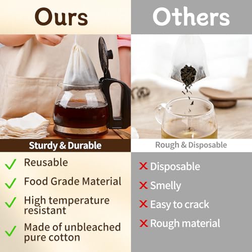 20 Pack Reusable Tea Bags, Natural Unbleached Muslin Bags with Drawstring, Spice Bags for Cooking, Loose Leaf Tea, Herbs & Coffee, Fine Mesh Filter Bags (3 x 4 in)