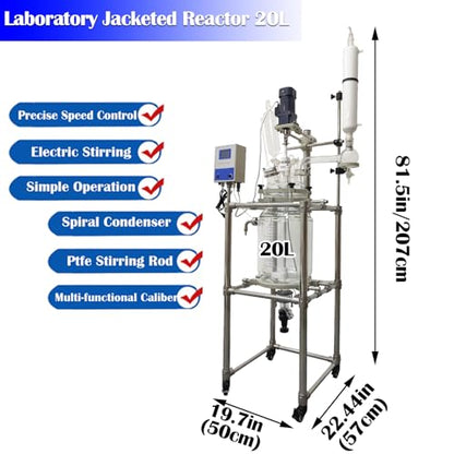 20L Double-Layer Glass Reactor Lab Jacketed Glass Reactor with Digital Display & Stepless Speed Regulation, Chemical Reaction Vessel for Chemical Reaction, Distillation and Synthesis