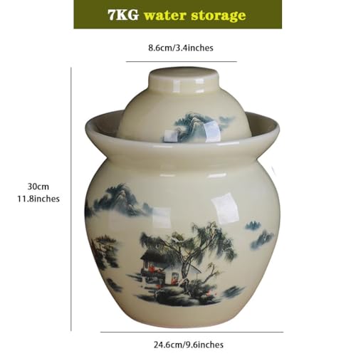 Classical Pastoral Ink Painting Kimchi Jar, Pickling Crock with Plastic Sealed Inner Lid, Ceramic Traditional Fermentation Tank, Decorative Storage Container(7kg) - size: 7kg